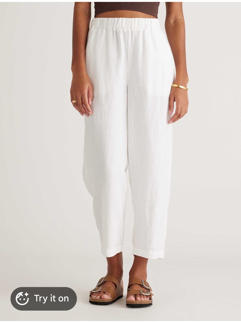 Quince White Elastic-Waist Cropped Linen Pants